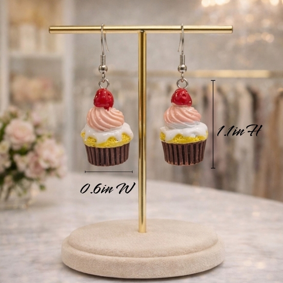 Handmade Cupcake Earrings Strawberry Topped Frosting | Y2K Novelty Jewelry - Picture 4 of 4